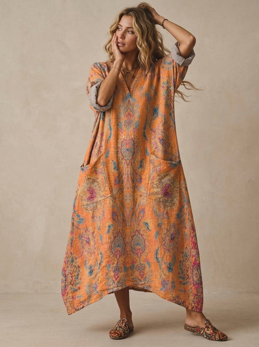 Women's Maxi Dress with V-Neck, Three-Quarter Sleeves and Side Pockets
