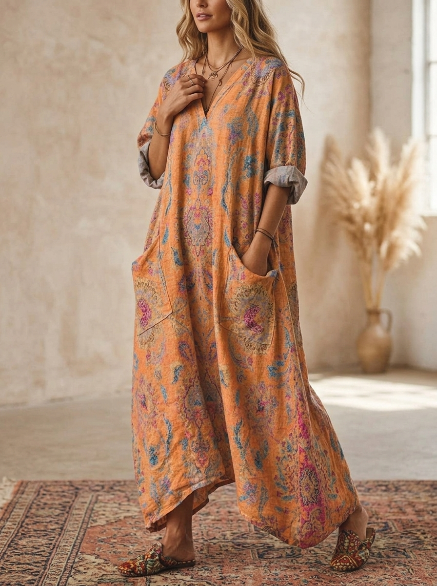 Women's Maxi Dress with V-Neck, Three-Quarter Sleeves and Side Pockets