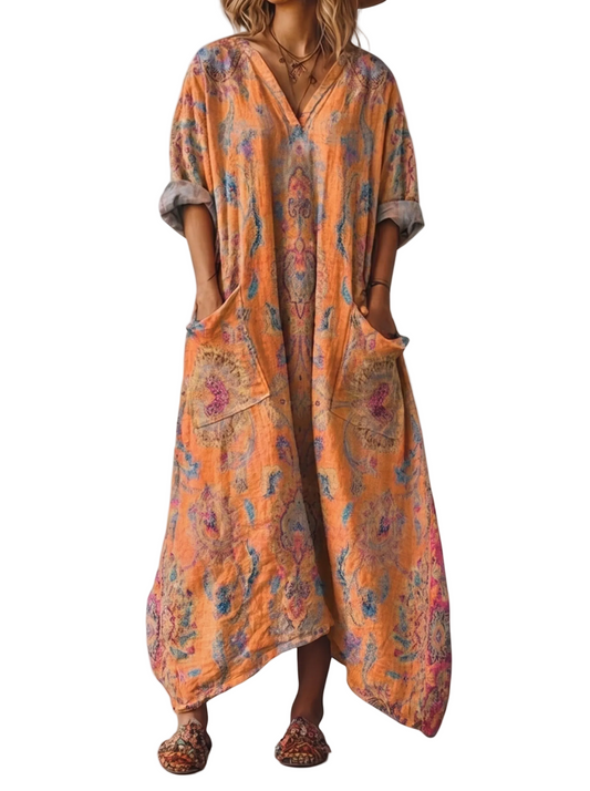 Women's Maxi Dress with V-Neck, Three-Quarter Sleeves and Side Pockets