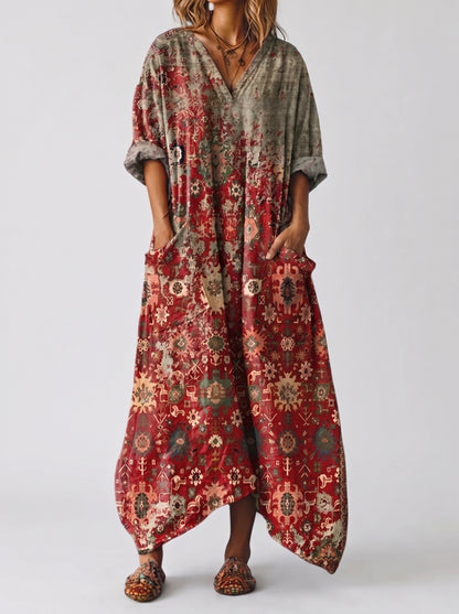 Women's Maxi Dress with V-Neck, Three-Quarter Sleeves and Side Pockets
