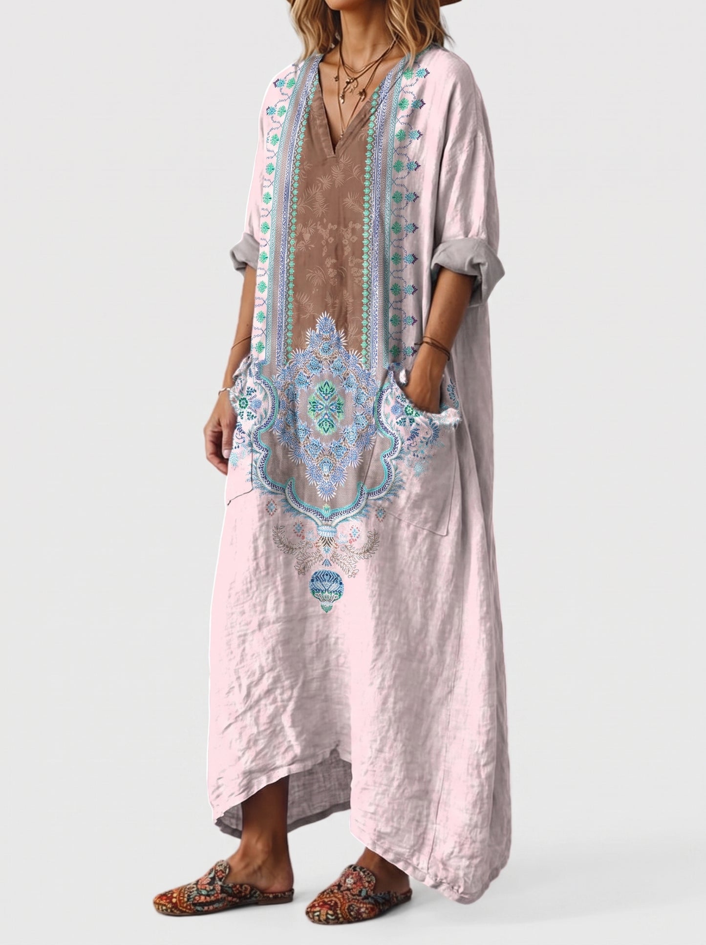 Women's Maxi Dress with V-Neck, Three-Quarter Sleeves and Side Pockets