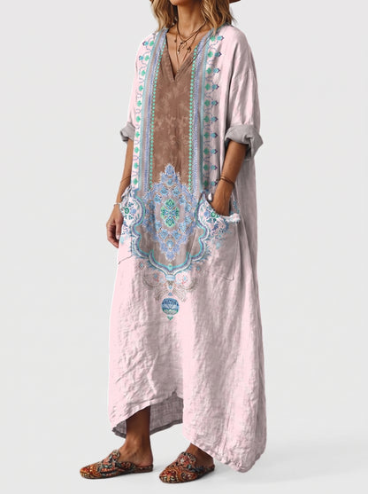 Women's Maxi Dress with V-Neck, Three-Quarter Sleeves and Side Pockets