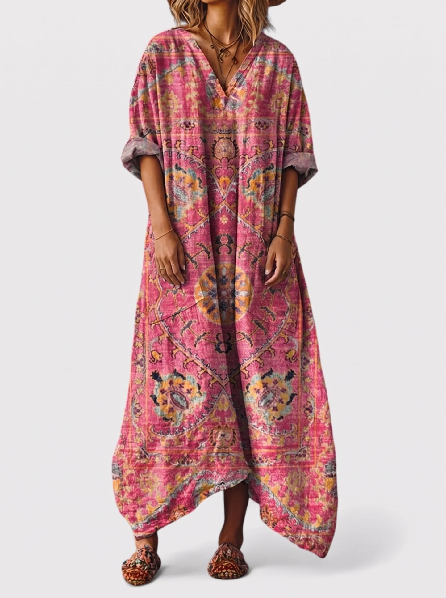 Women's Maxi Dress with V-Neck, Three-Quarter Sleeves and Side Pockets