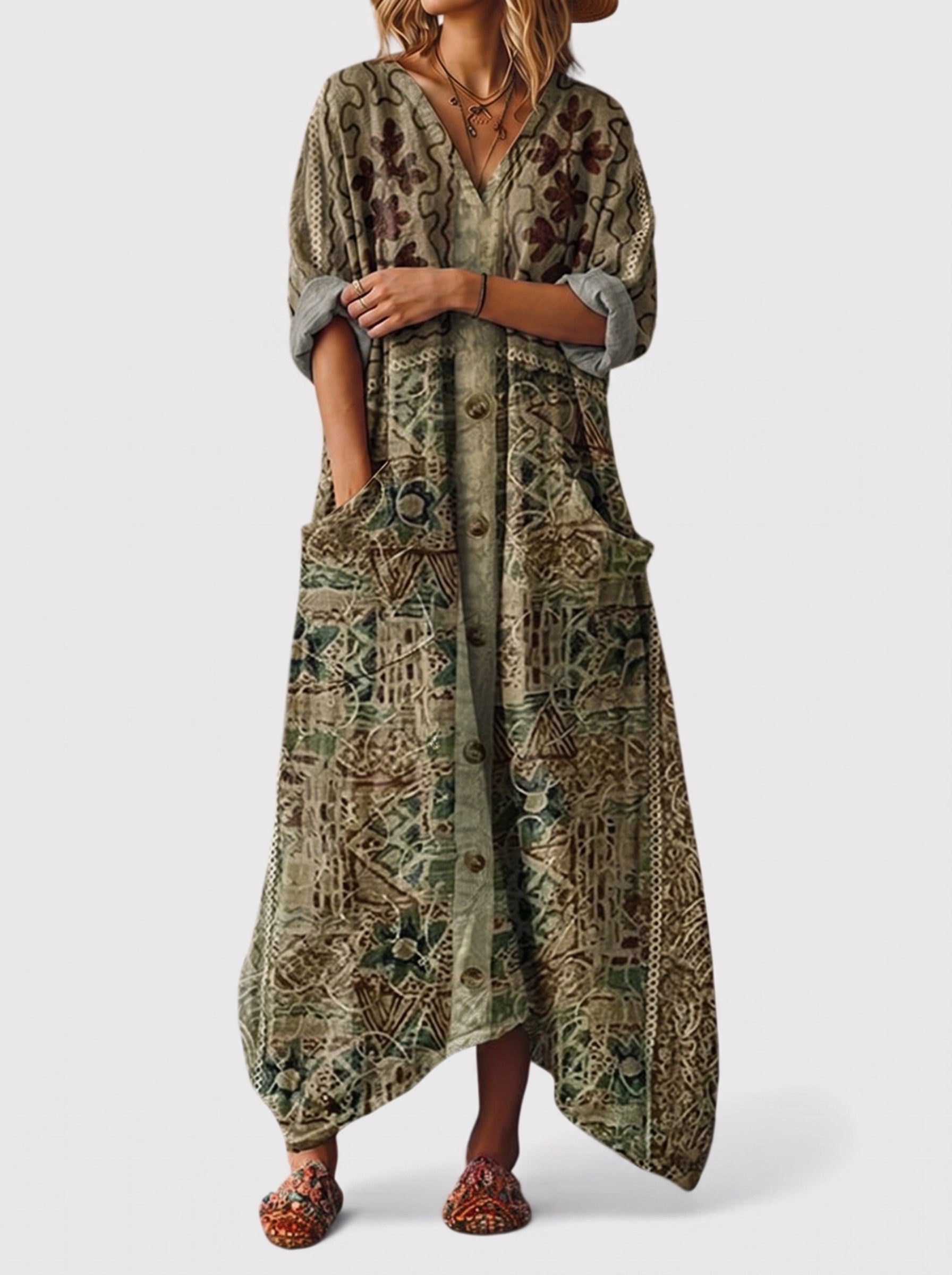 Women's Maxi Dress with V-Neck, Three-Quarter Sleeves and Side Pockets
