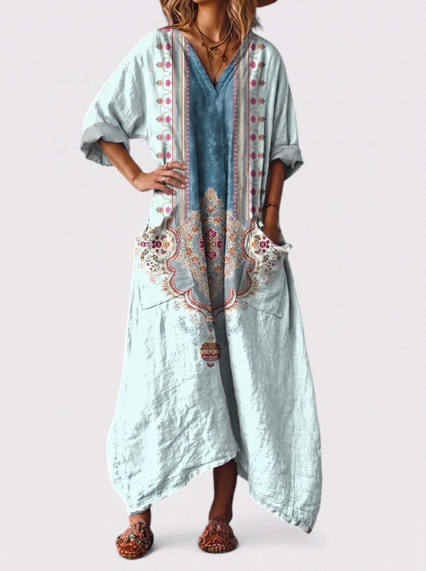 Women's Maxi Dress with V-Neck, Three-Quarter Sleeves and Side Pockets