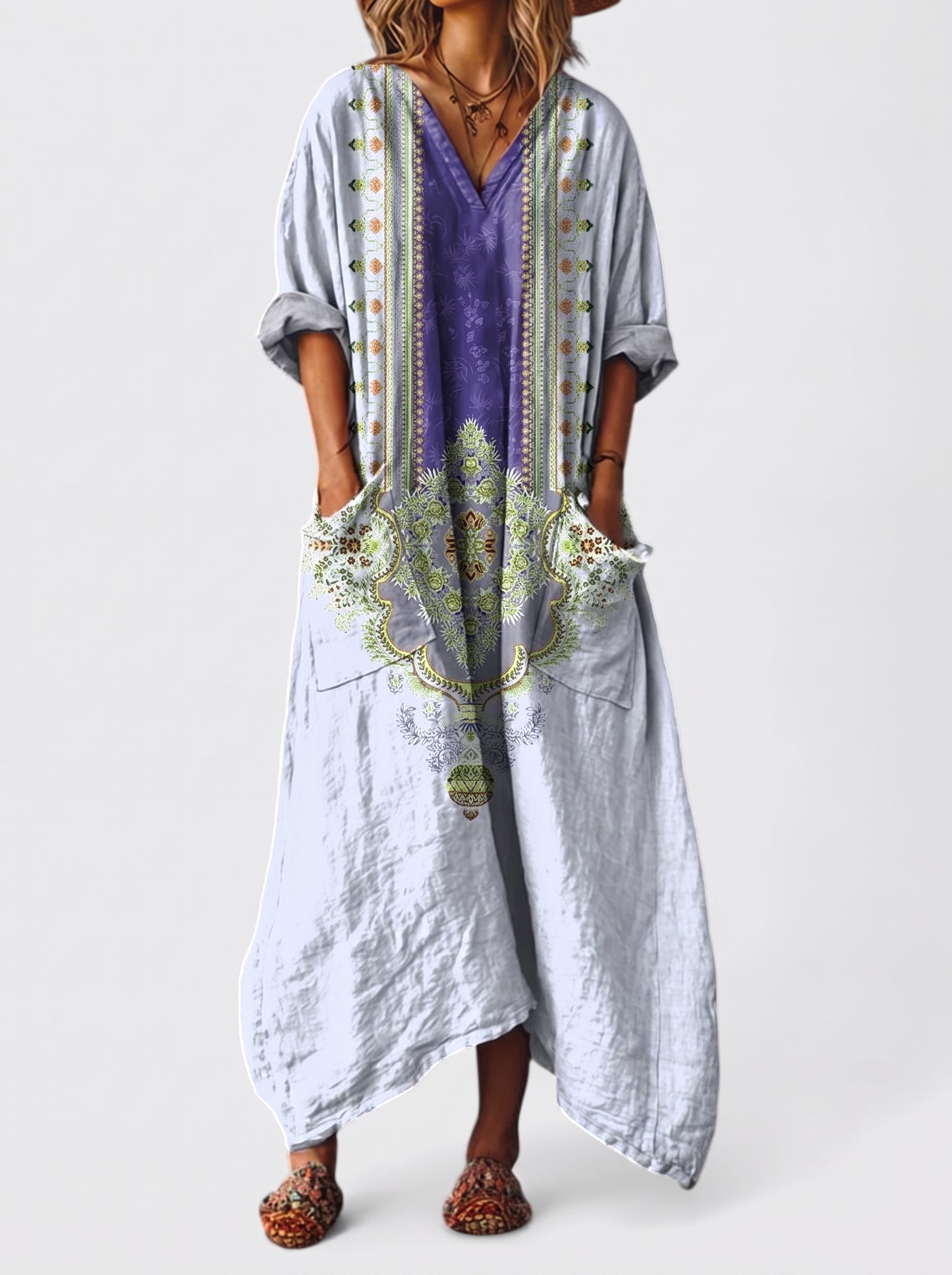 Women's Maxi Dress with V-Neck, Three-Quarter Sleeves and Side Pockets