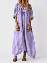 Women's Maxi Dress with V-Neck, Three-Quarter Sleeves and Side Pockets