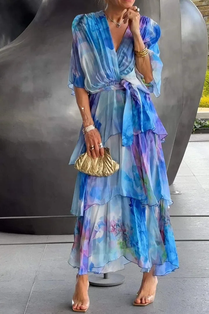 Women's Maxi Dress with V-Neck, Tie Waist and Tiered Ruffle Skirt