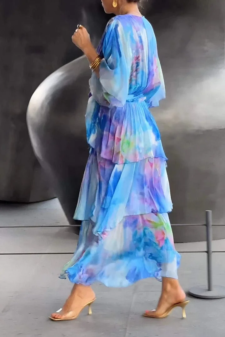 Women's Maxi Dress with V-Neck, Tie Waist and Tiered Ruffle Skirt