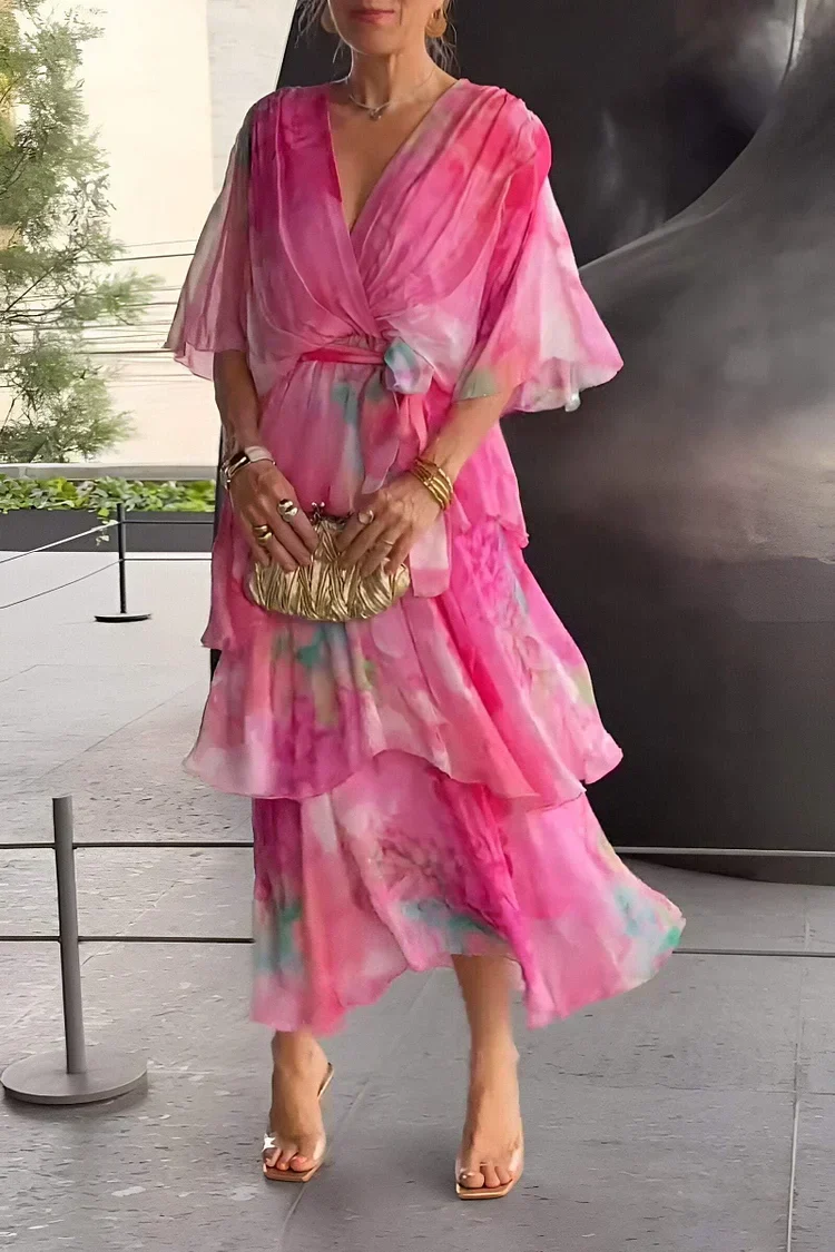 Women's Maxi Dress with V-Neck, Tie Waist and Tiered Ruffle Skirt
