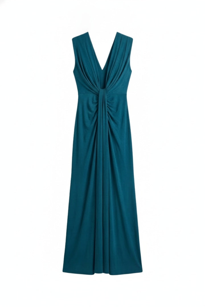 Women's Maxi Evening Gown Sleeveless with Deep V-Neck and Ruched Waist