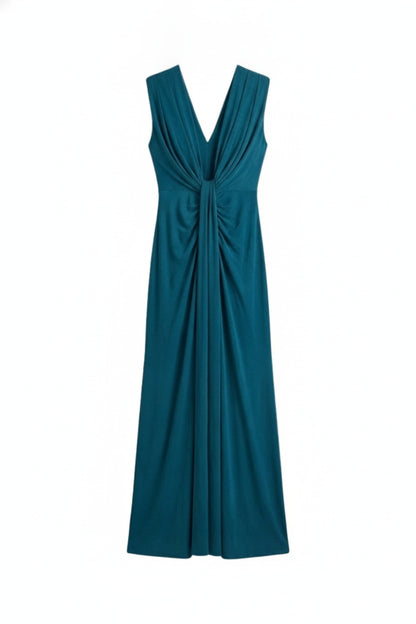 Women's Maxi Evening Gown Sleeveless with Deep V-Neck and Ruched Waist