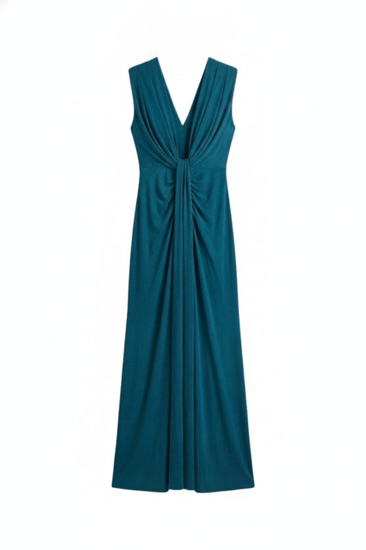 Women's Maxi Evening Gown Sleeveless with Deep V-Neck and Ruched Waist