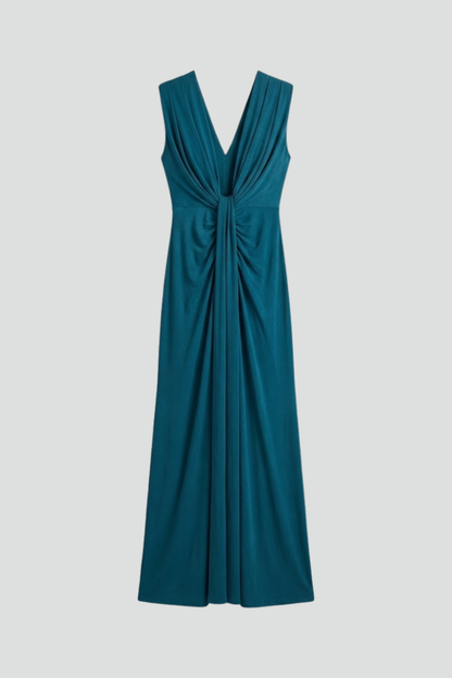 Women's Maxi Evening Gown Sleeveless with Deep V-Neck and Ruched Waist