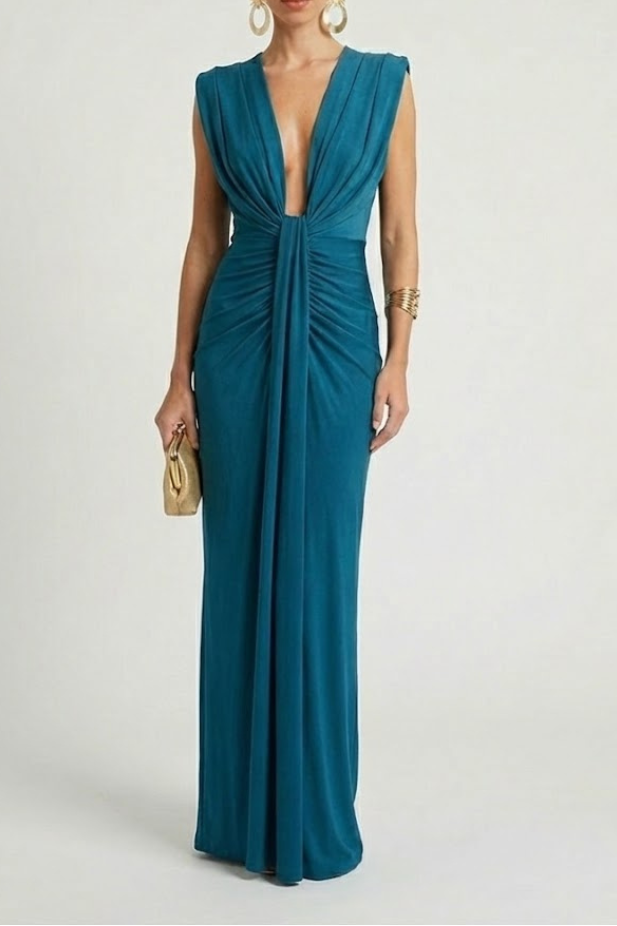 Women's Maxi Evening Gown Sleeveless with Deep V-Neck and Ruched Waist