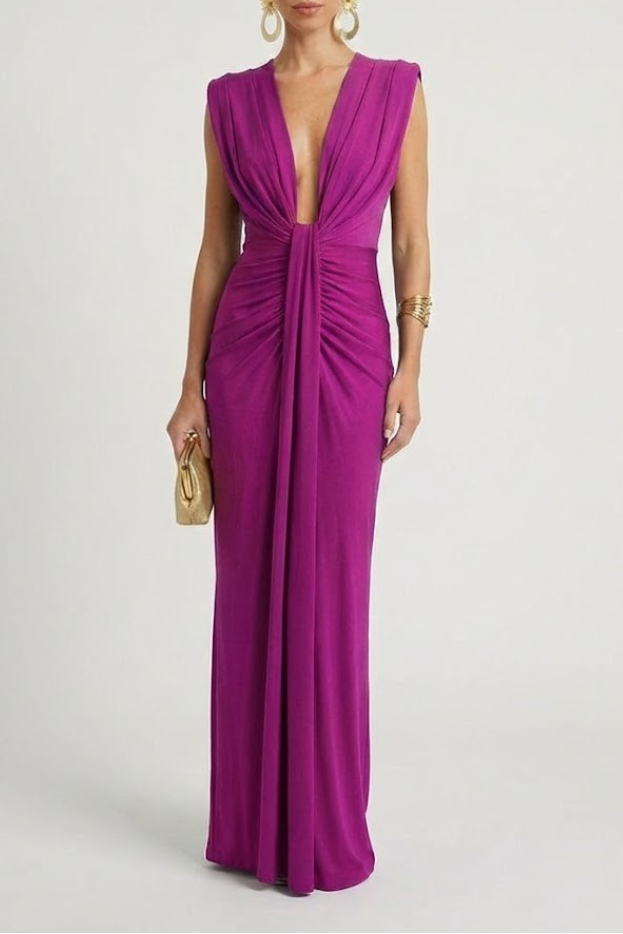 Women's Maxi Evening Gown Sleeveless with Deep V-Neck and Ruched Waist