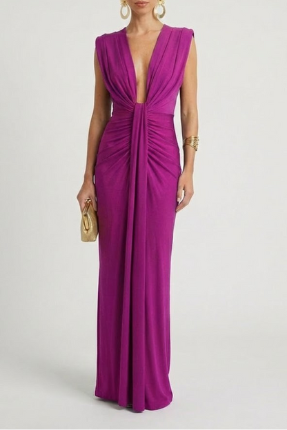 Women's Maxi Evening Gown Sleeveless with Deep V-Neck and Ruched Waist