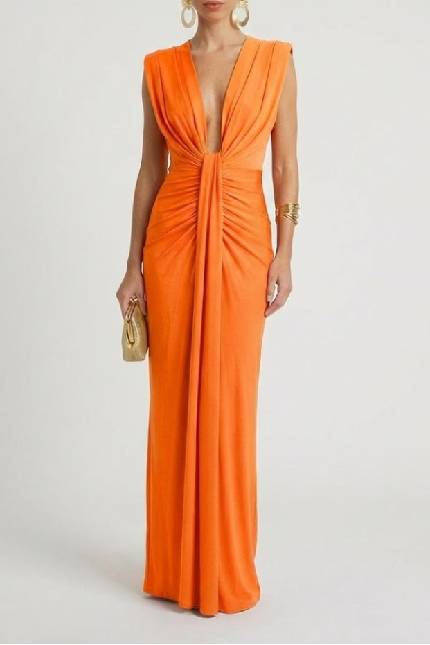 Women's Maxi Evening Gown Sleeveless with Deep V-Neck and Ruched Waist