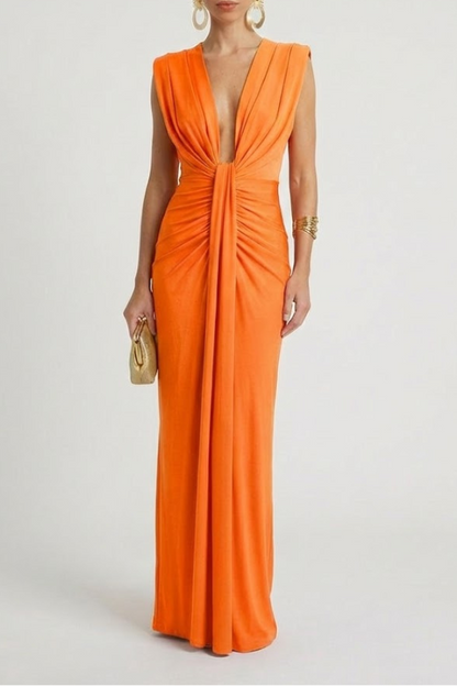 Women's Maxi Evening Gown Sleeveless with Deep V-Neck and Ruched Waist