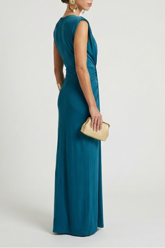 Women's Maxi Evening Gown Sleeveless with Deep V-Neck and Ruched Waist