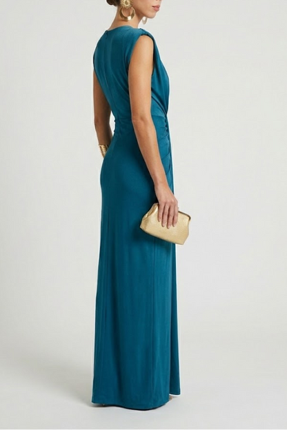 Women's Maxi Evening Gown Sleeveless with Deep V-Neck and Ruched Waist