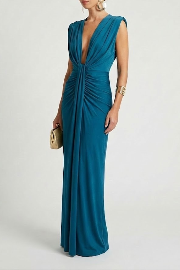 Women's Maxi Evening Gown Sleeveless with Deep V-Neck and Ruched Waist