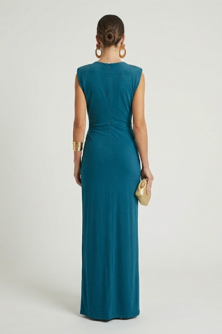 Women's Maxi Evening Gown Sleeveless with Deep V-Neck and Ruched Waist