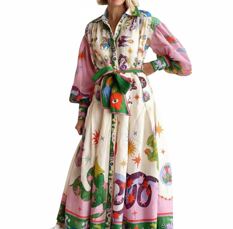 Women's Maxi Shirt Dress Long Sleeve with Pointed Collar, Belt and Graphic Print