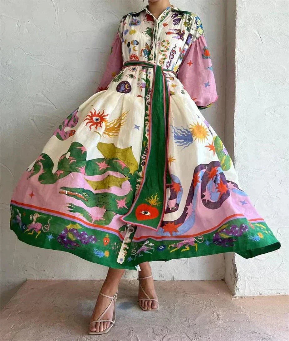 Women's Maxi Shirt Dress Long Sleeve with Pointed Collar, Belt and Graphic Print