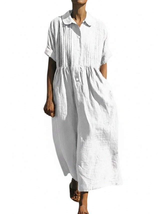 Women's Maxi Shirt Dress Short Sleeve with Pintuck Bodice and Gathered Waist