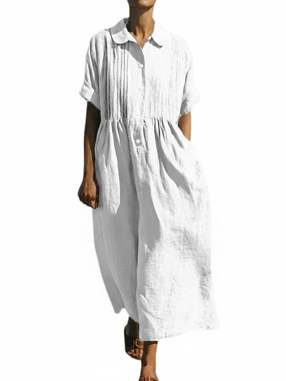 Women's Maxi Shirt Dress Short Sleeve with Pintuck Bodice and Gathered Waist