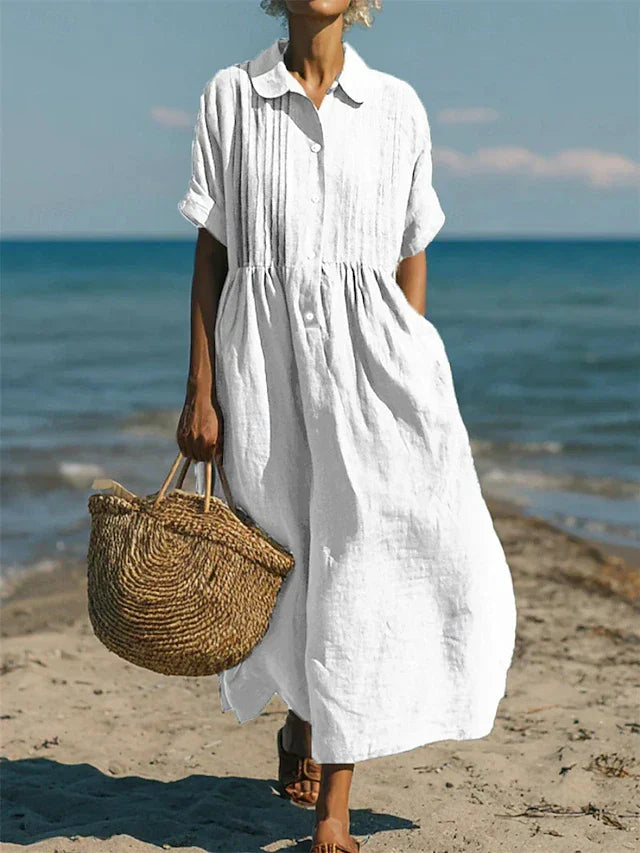 Women's Maxi Shirt Dress Short Sleeve with Pintuck Bodice and Gathered Waist