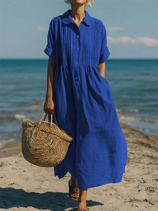 Women's Maxi Shirt Dress Short Sleeve with Pintuck Bodice and Gathered Waist