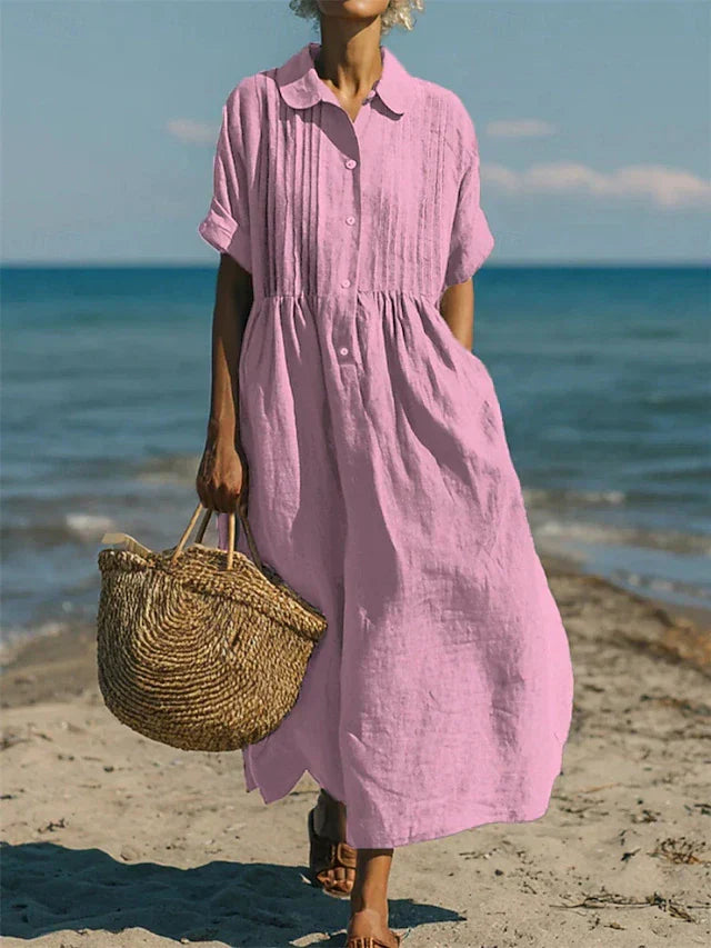 Women's Maxi Shirt Dress Short Sleeve with Pintuck Bodice and Gathered Waist