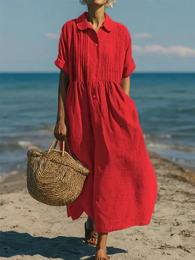 Women's Maxi Shirt Dress Short Sleeve with Pintuck Bodice and Gathered Waist