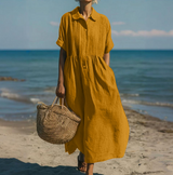 Women's Maxi Shirt Dress Short Sleeve with Pintuck Bodice and Gathered Waist
