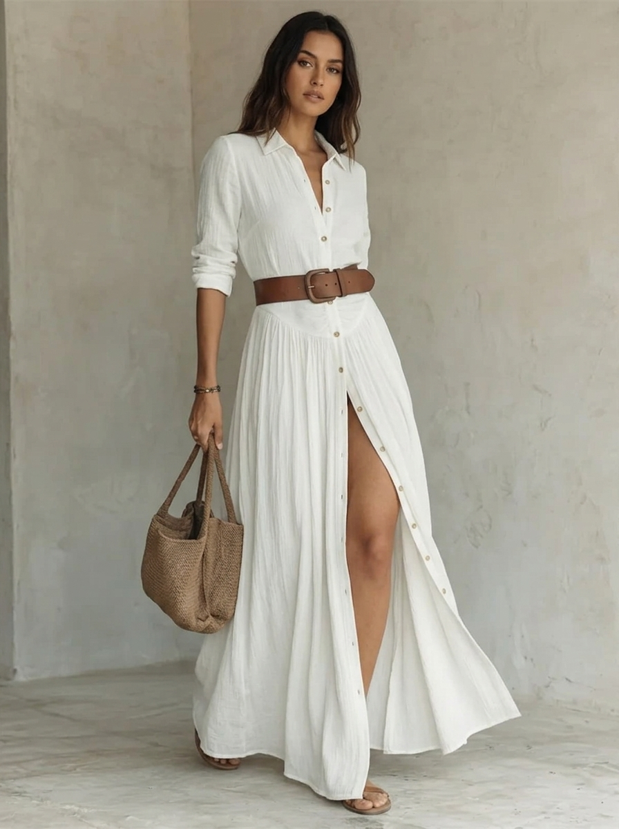 Women's Maxi Shirt Dress with Button Closure and Belt