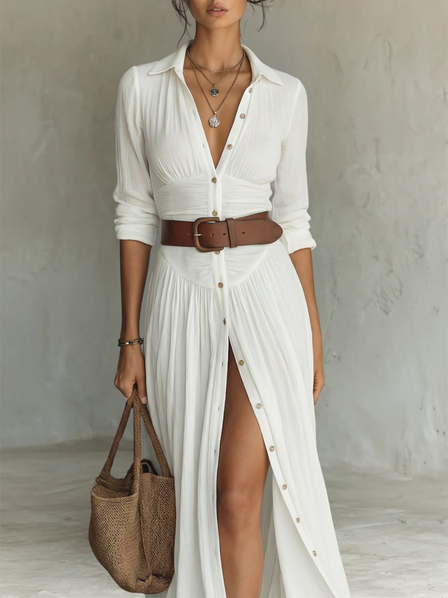 Women's Maxi Shirt Dress with Button Closure and Belt