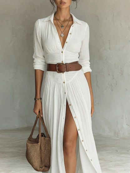 Women's Maxi Shirt Dress with Button Closure and Belt