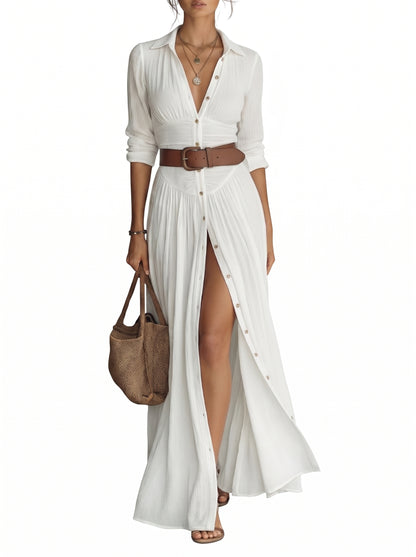 Women's Maxi Shirt Dress with Button Closure and Belt