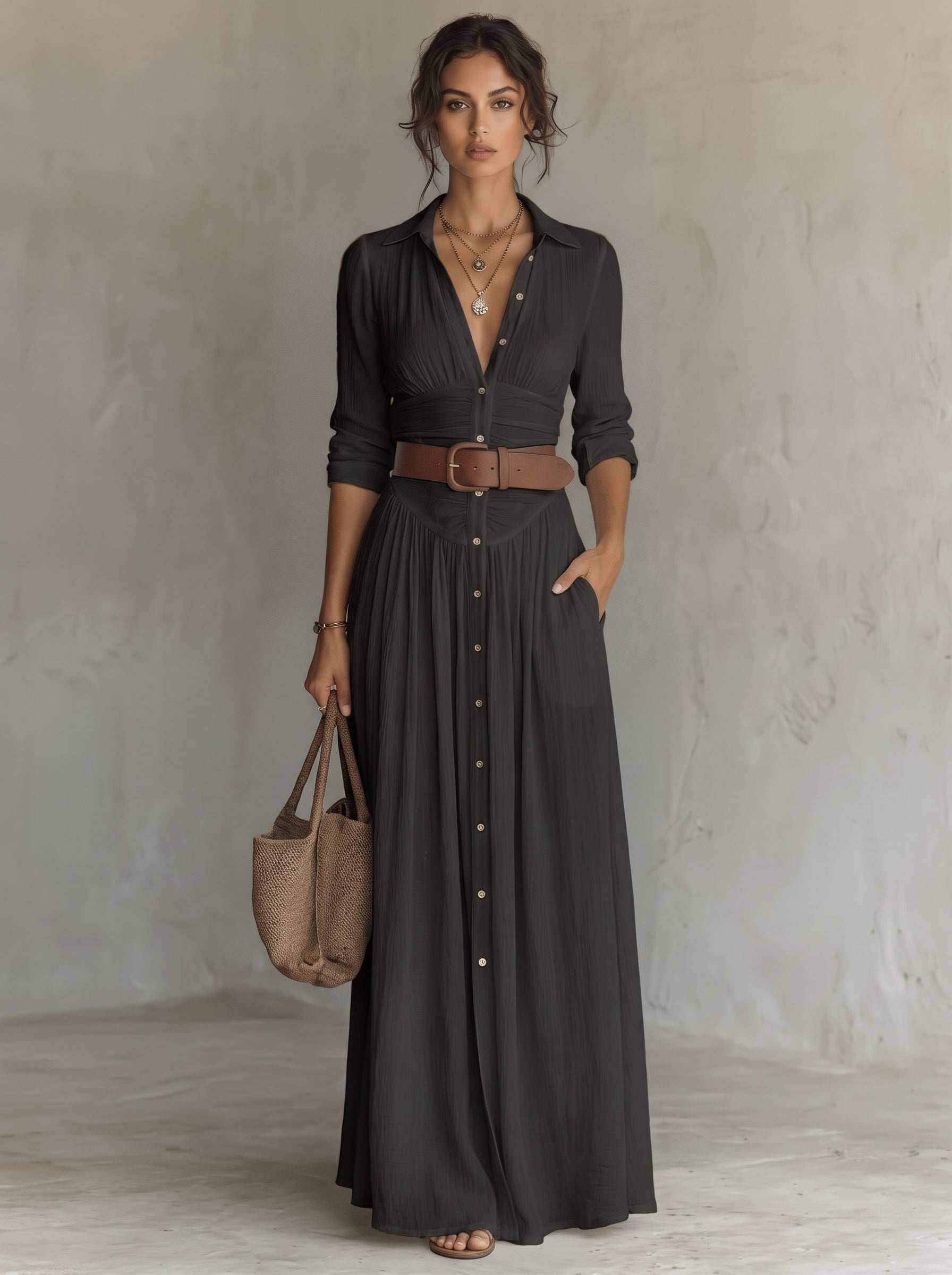 Women's Maxi Shirt Dress with Button Closure and Belt