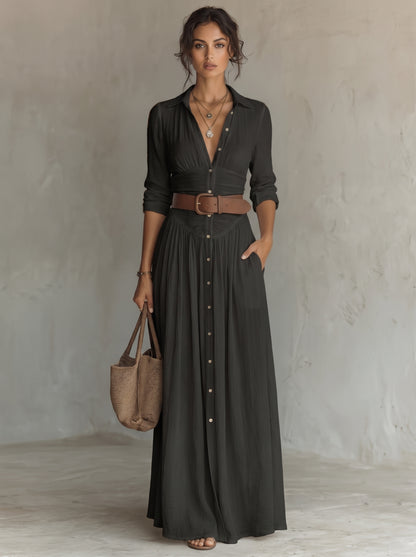 Women's Maxi Shirt Dress with Button Closure and Belt