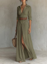 Women's Maxi Shirt Dress with Button Closure and Belt