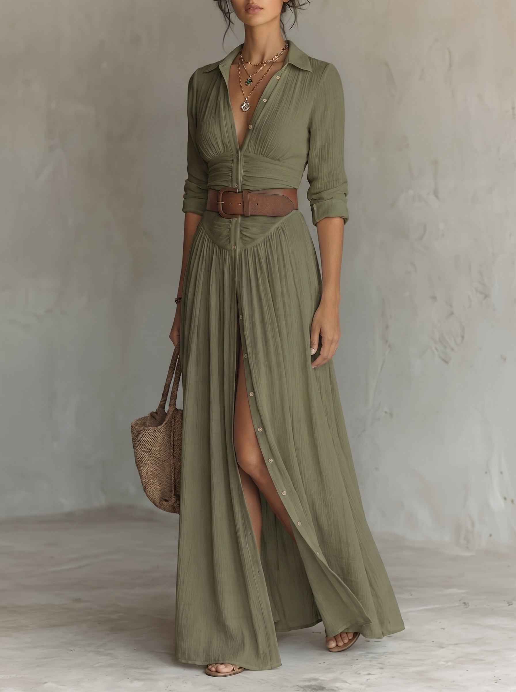 Women's Maxi Shirt Dress with Button Closure and Belt