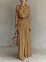 Women's Maxi Shirt Dress with Button Closure and Belt