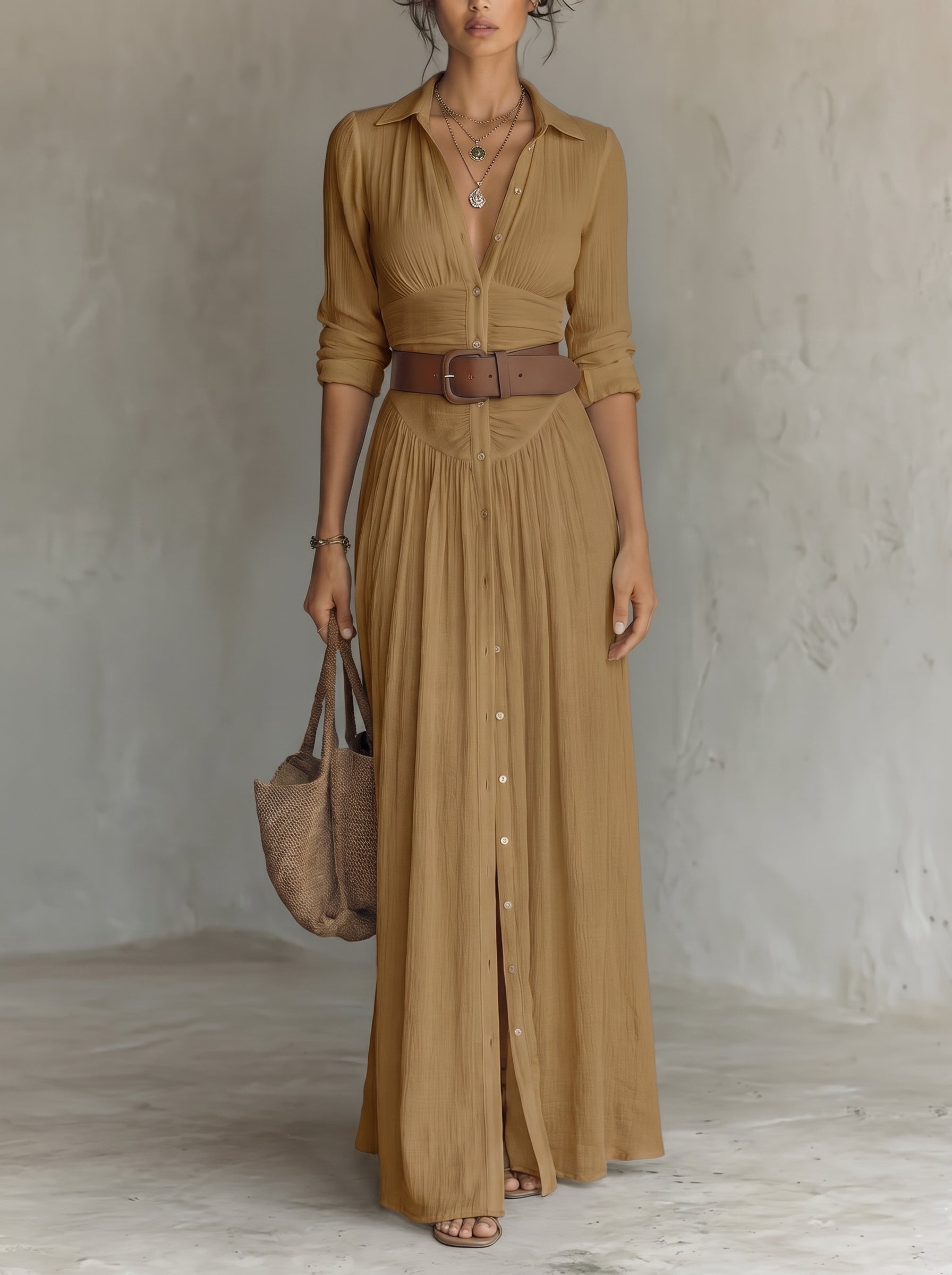 Women's Maxi Shirt Dress with Button Closure and Belt
