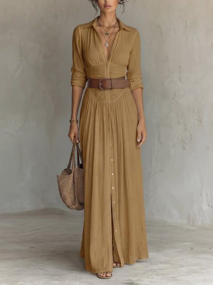 Women's Maxi Shirt Dress with Button Closure and Belt