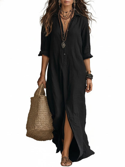 Women's Maxi Shirt Dress with Long Sleeves, Collar and Side Slit