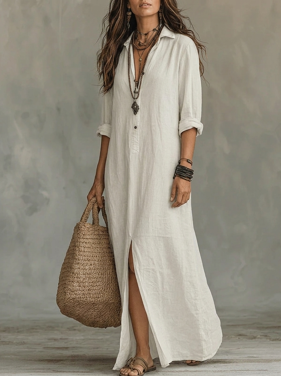 Women's Maxi Shirt Dress with Long Sleeves, Collar and Side Slit