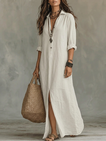 Women's Maxi Shirt Dress with Long Sleeves, Collar and Side Slit